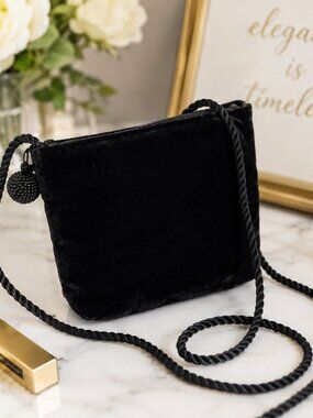 Preston & York Black Velvet Evening Bag Beaded Rope Strap Purse